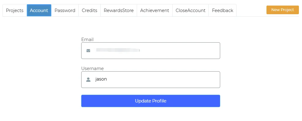 Account tab: email, username and an Update Profile button