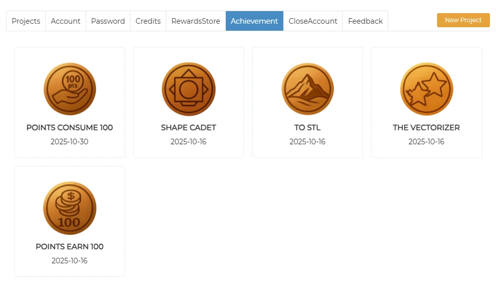 Achievement tab with five achievement badges