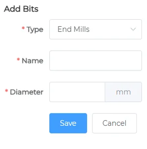 Add Bits dialog for an end mill: type, name and diameter