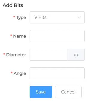 Add Bits dialog for a V bit: type, name, diameter and angle