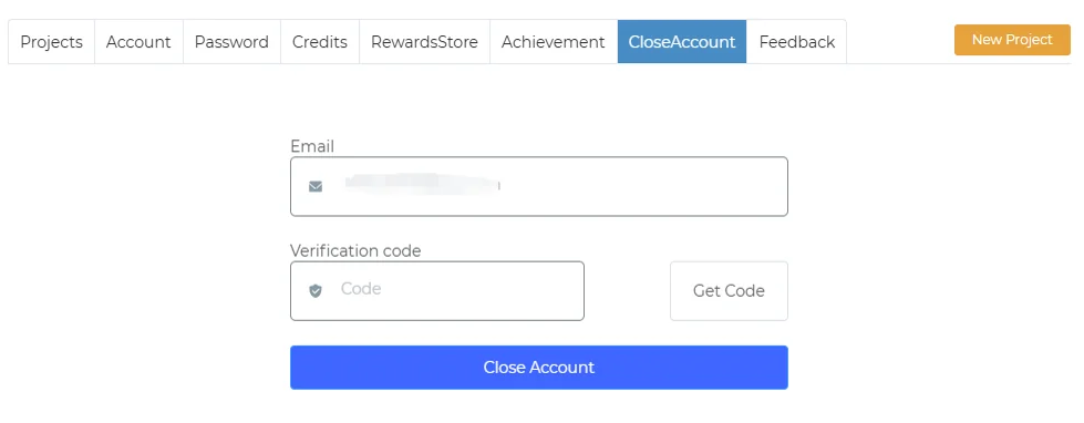 Close Account tab: email, verification code and a Close Account button