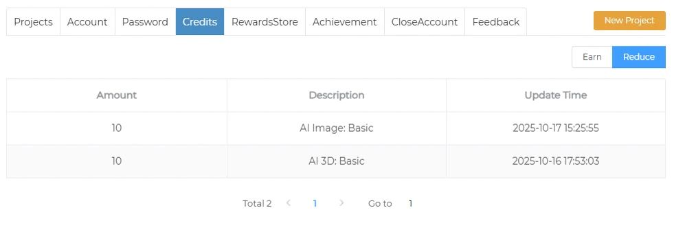 Credits tab showing spent credits (Reduce)