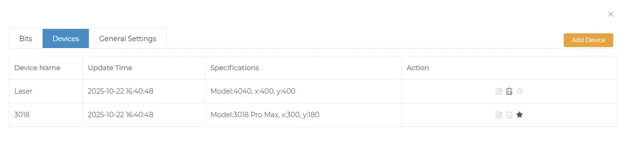 Devices tab listing two devices with their specifications and actions