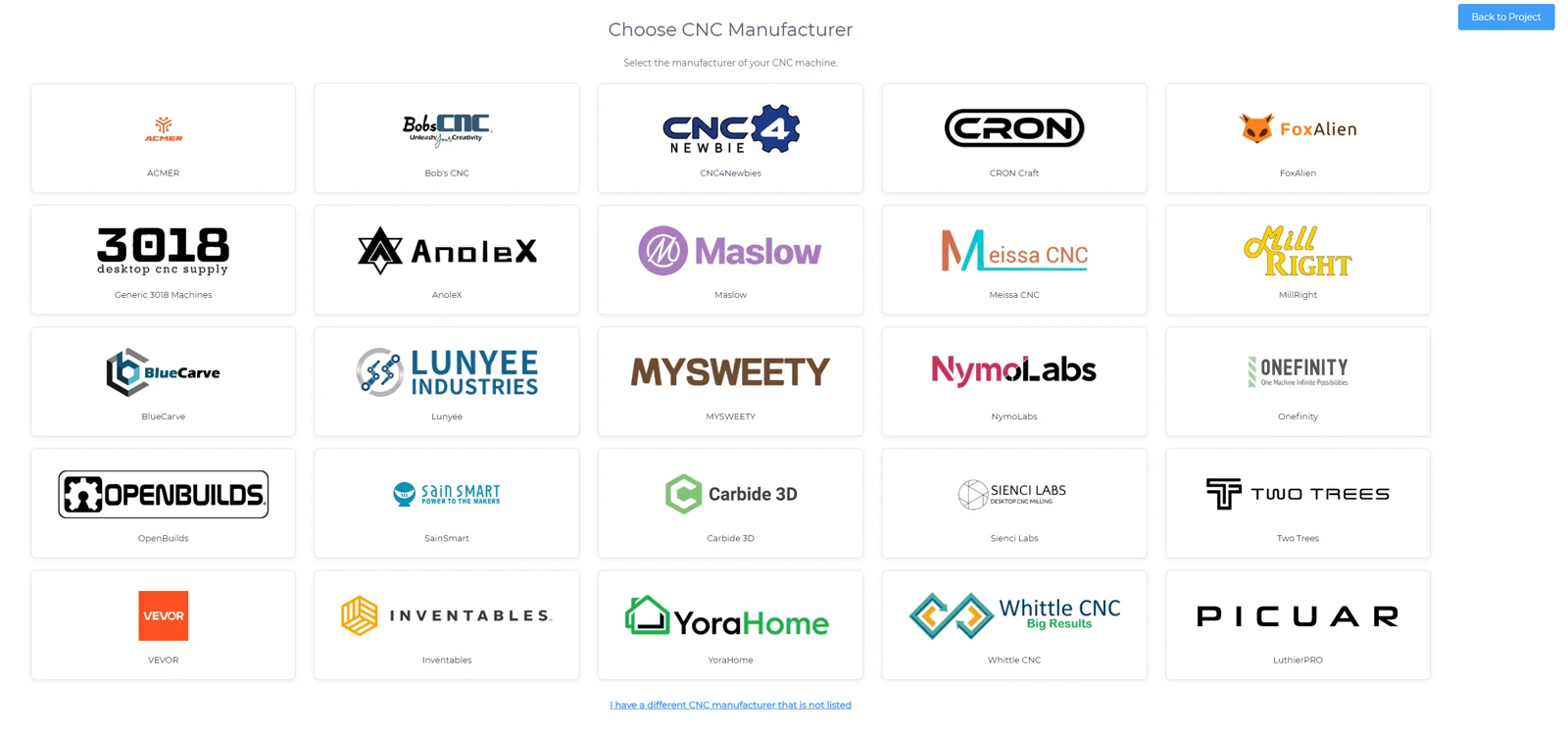 Choose CNC Manufacturer page with a grid of brand logos