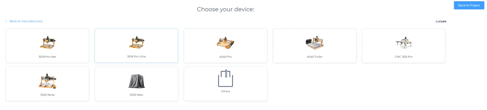 Choose your device page with a tile for each machine model