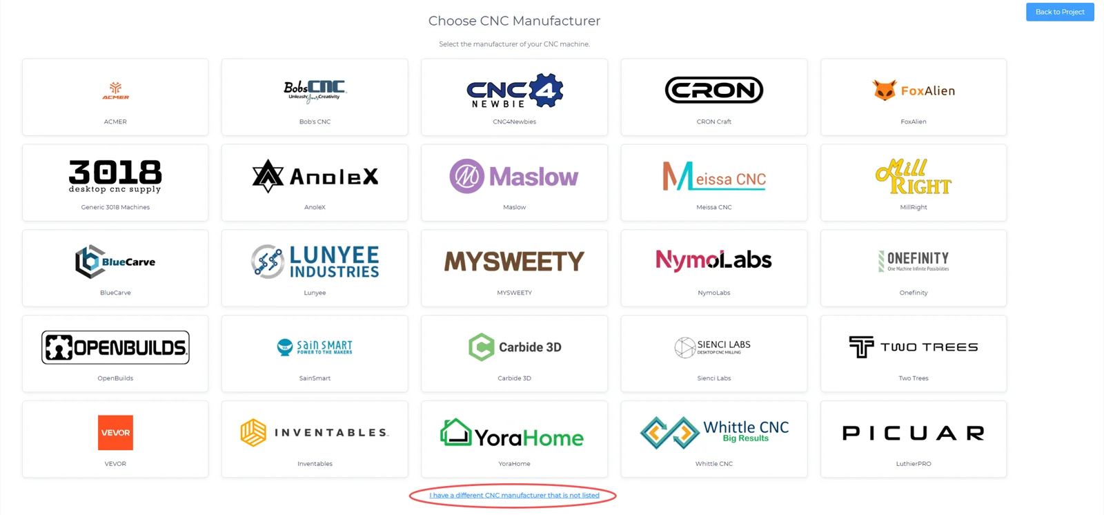 Choose CNC Manufacturer page with the link for adding a different manufacturer circled
