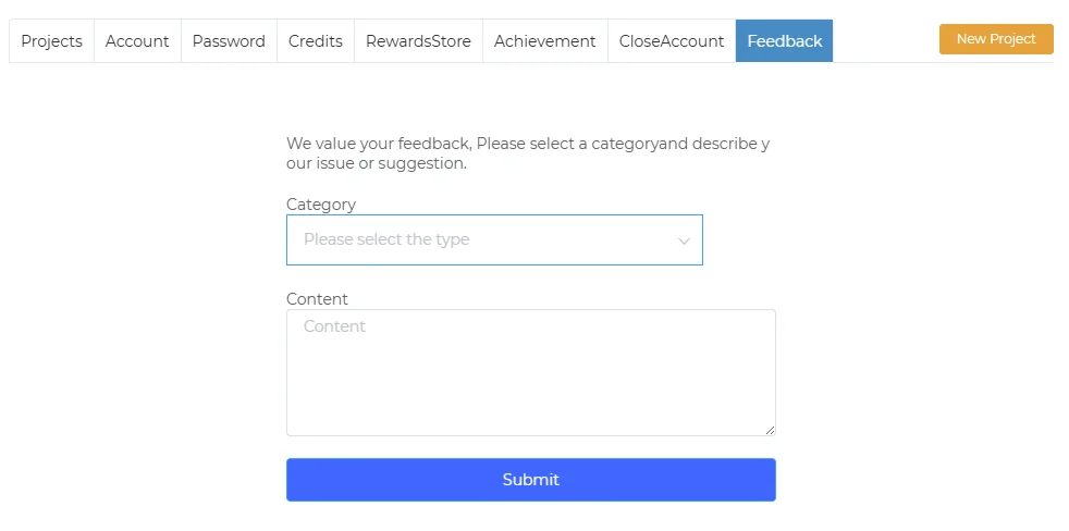 Feedback tab: category and content fields and a Submit button
