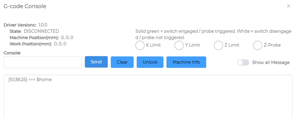 G-code Console: driver version, state, limit switch indicators, command box and Send, Clear, Unlock and Machine Info buttons
