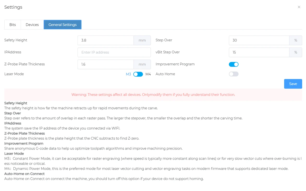 General Settings tab: safety height, step over, IP address and other options, with a warning