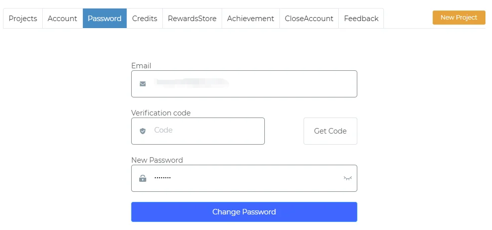 Password tab: email, verification code, new password and a Change Password button
