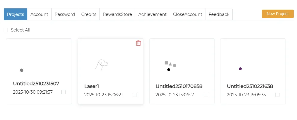 Projects tab with project cards
