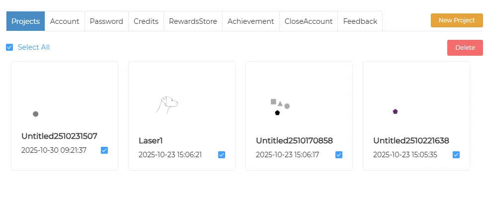 Projects tab with Select All ticked and a Delete button
