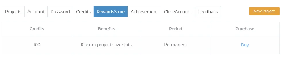 Rewards Store tab with a 100-credit offer: 10 extra project save slots